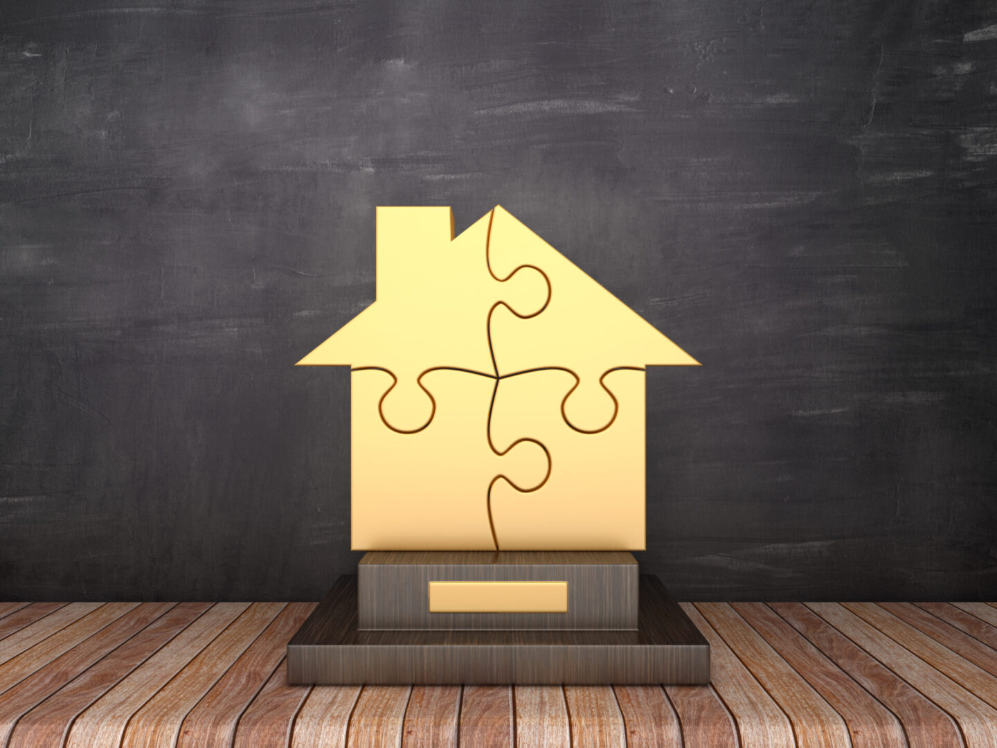 Trophy with Puzzle House on Wood Floor - Chalkboard Background - 3D Rendering